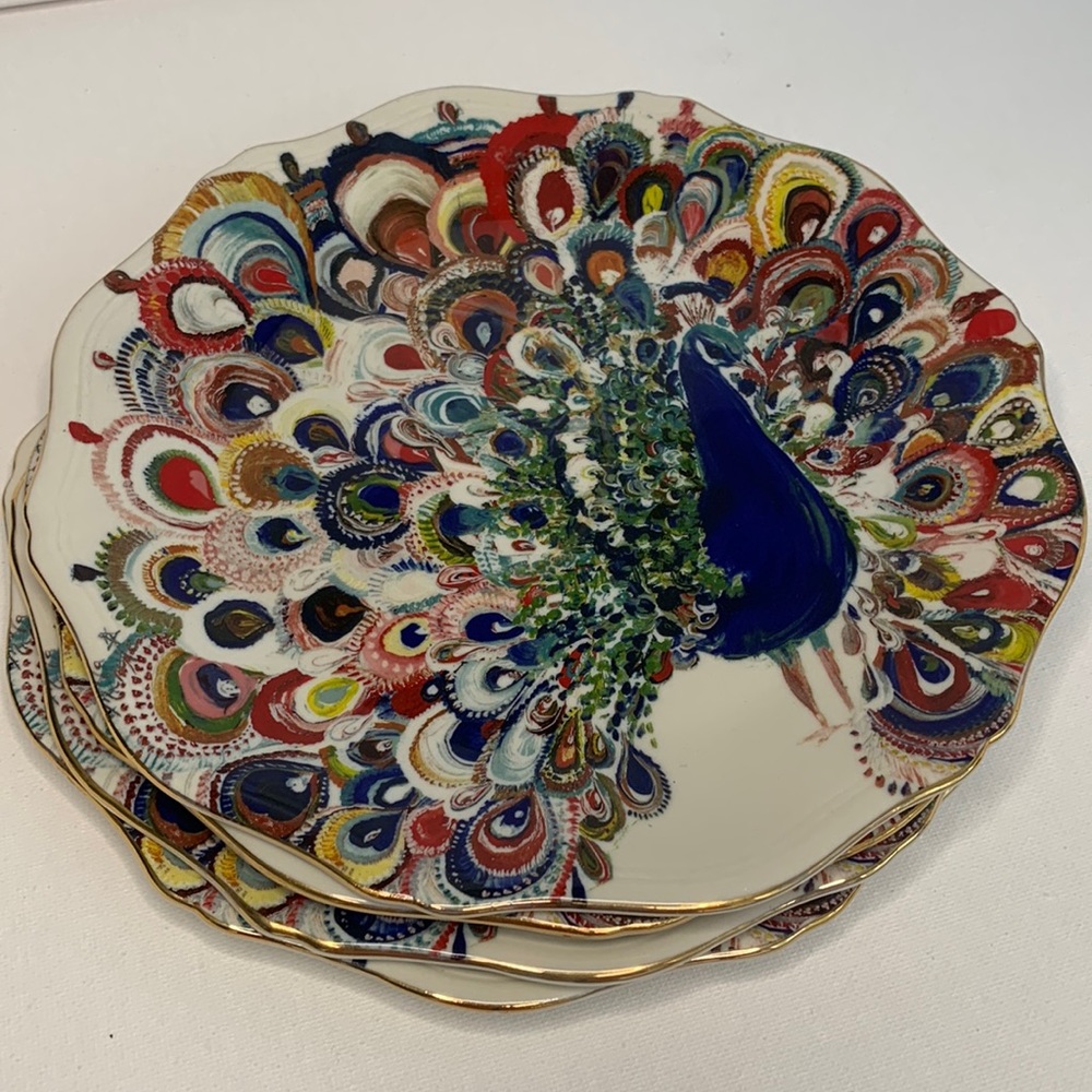 Anthropologie " Peacock White " Mooreland Dessert Plates by Starla Halfmann (4)